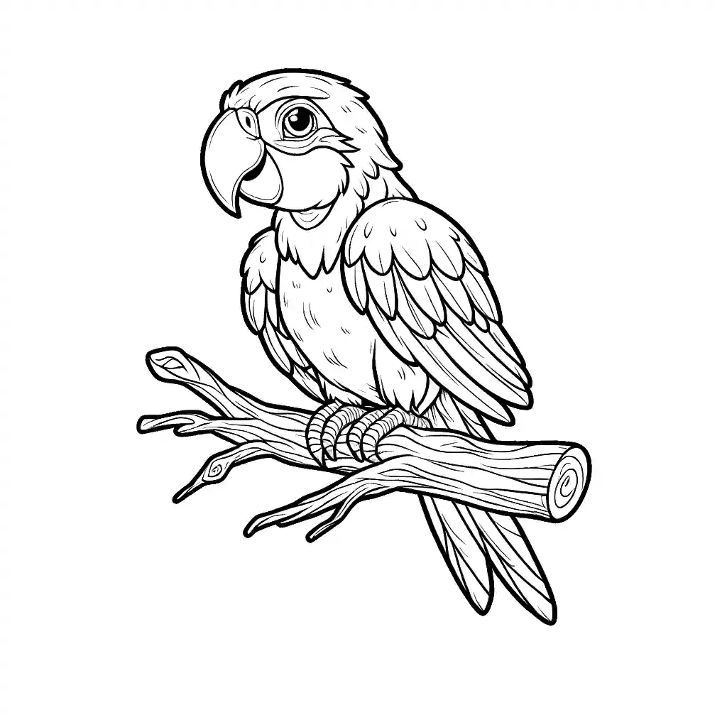 Realistic macaw line drawing sitting on a tree branch coloring page
