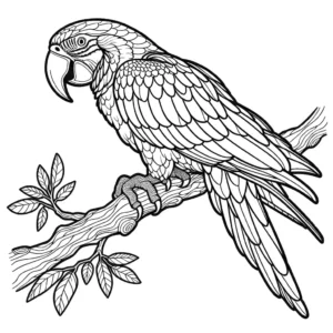 Realistic outline drawing of a Macaw parrot perched on a branch coloring page
