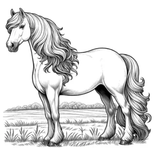 Majestic white horse standing in a field, with flowing mane and tail, perfect for coloring activities coloring page
