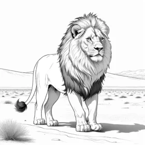 Regal lion with magnificent mane walking in dry African desert coloring page