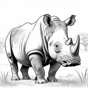 Rhinoceros line drawing in savanna grass coloring page