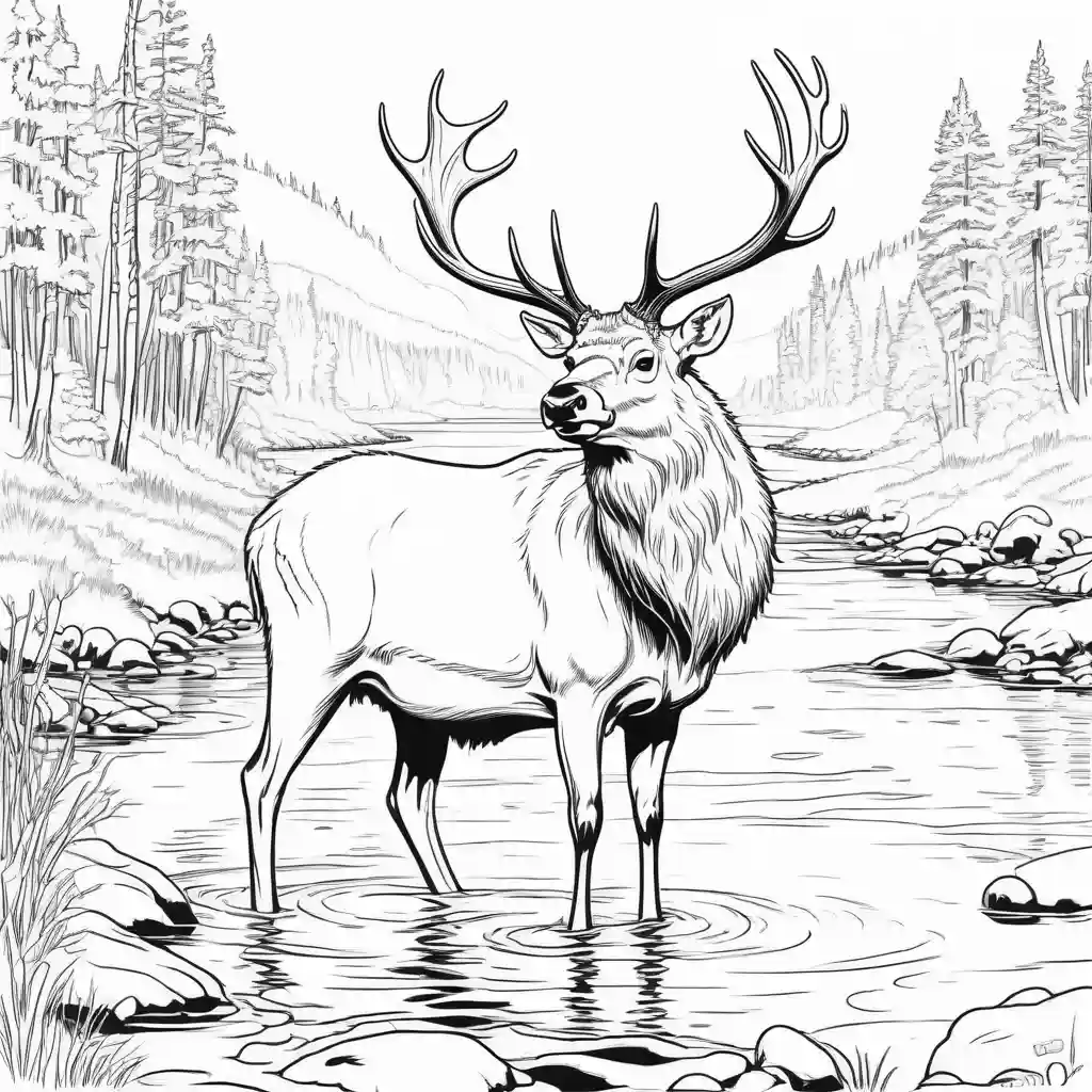 Elk with antlers by the river coloring page