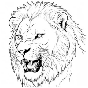 Lion roaring with sharp teeth and intense gaze, dominating the wild, coloring page