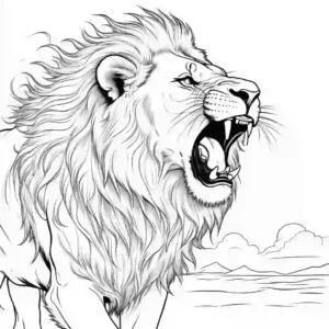 Lion roaring with blowing mane against sunset backdrop coloring page. coloring page