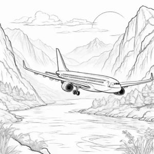 Passenger airplane over mountains and river coloring page