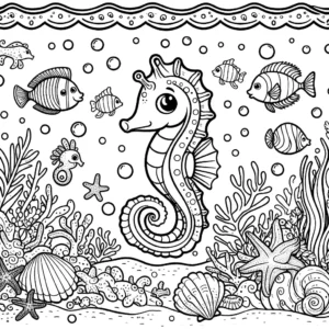 Seahorse coloring page with fish, starfish, and seashells in the ocean coloring page
