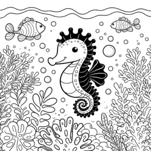 Seahorse coloring page with corals and aquatic plants in the ocean coloring page