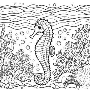 Seahorse swimming among coral and seaweed in a beautiful ocean scene coloring page