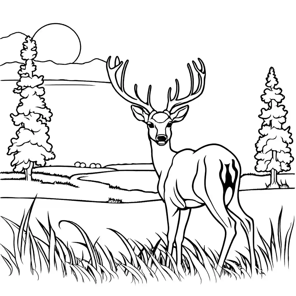 Silhouette of deer grazing in a field coloring page at sunset coloring page