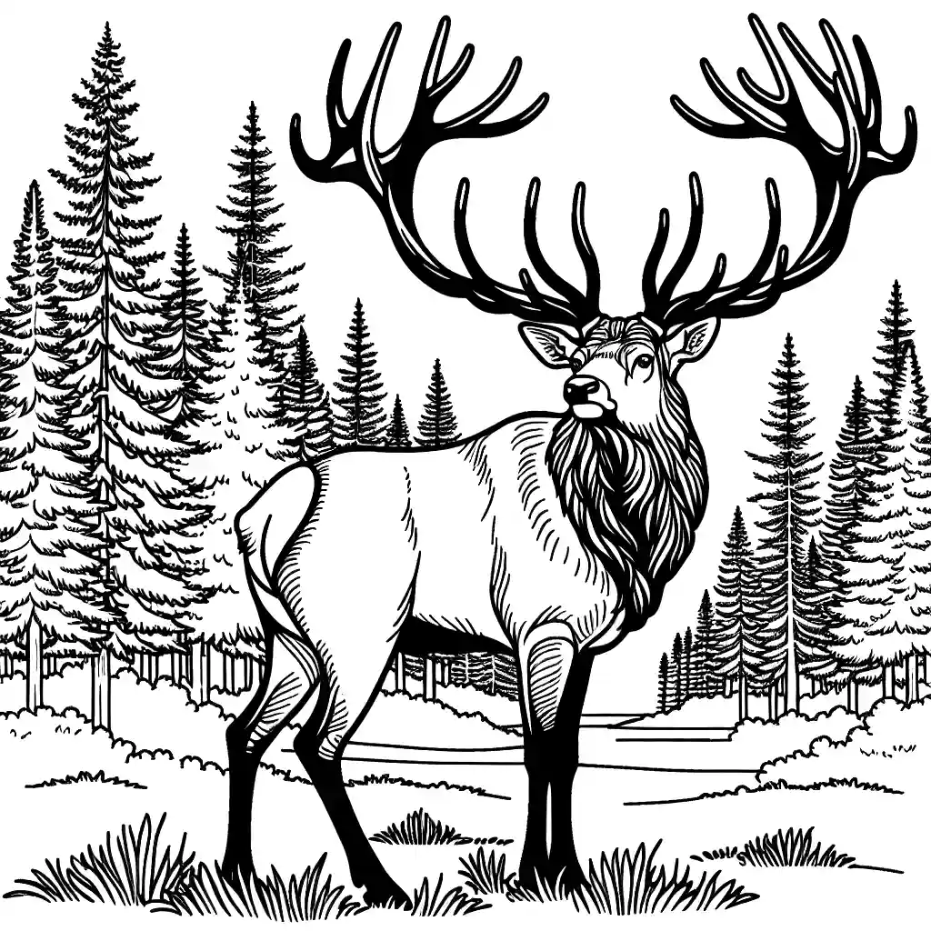 Majestic elk with antlers in forest clearing coloring page