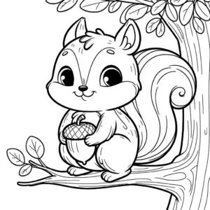 Squirrel holding an acorn standing on a tree branch coloring page