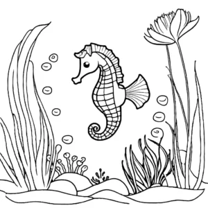Seahorse swimming among underwater plants and coral reefs coloring page