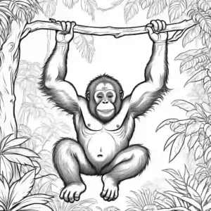 Orangutan swinging on a tree branch in the lush jungle coloring page