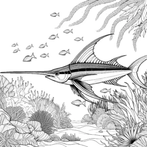 Swordfish swimming among seaweed and coral in the ocean coloring page