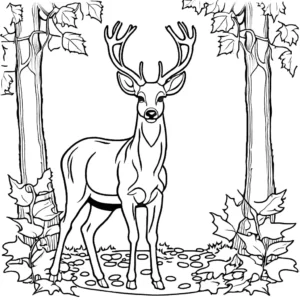 Deer coloring page in a tranquil woodland scene with autumn leaves on the ground coloring page