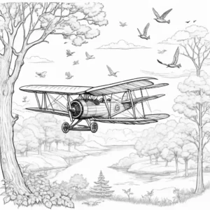 Vintage biplane flying with birds and trees coloring page