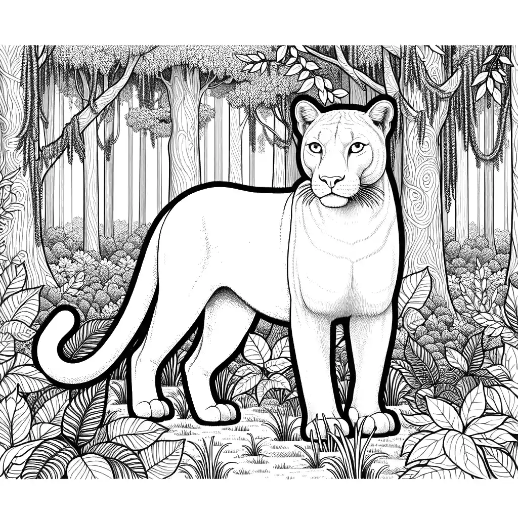 White Panther with Blue Eyes in Lush Forest coloring page