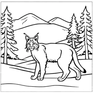 Bobcat coloring page in snowy winter scene coloring page