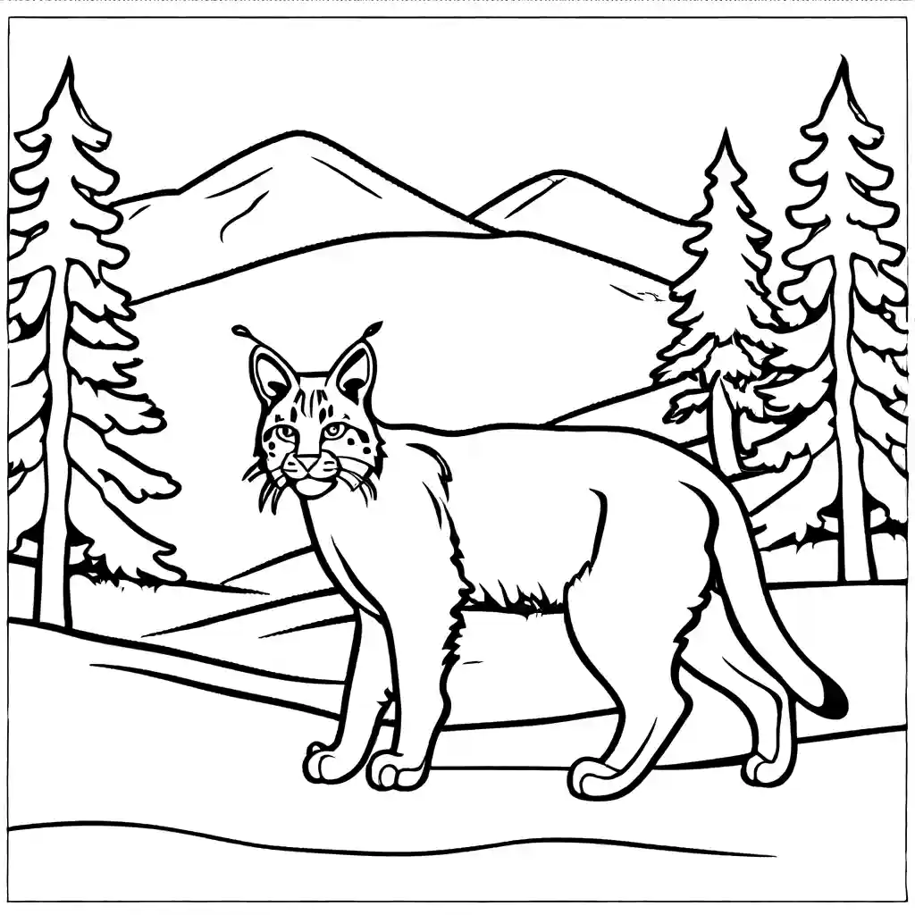 Bobcat coloring page in snowy winter scene coloring page