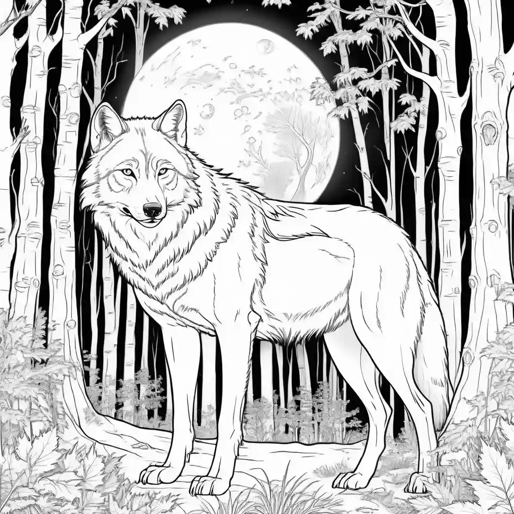 Wolf coloring page with moon and trees in the background coloring page