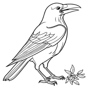 Outlined illustration of a crow holding a small twig in its beak coloring page