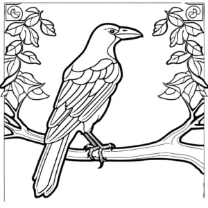 Outline of a crow with intricate wing patterns, standing on a tree branch with leaves coloring page