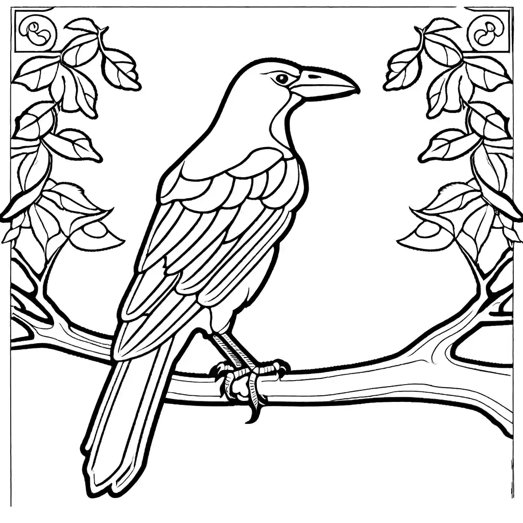 Outline of a crow with intricate wing patterns, standing on a tree branch with leaves coloring page