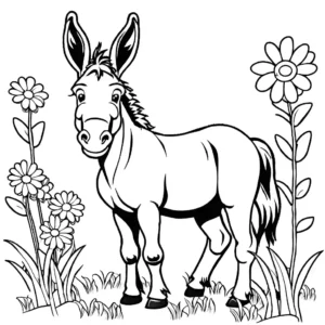 Adorable donkey standing in a meadow with colorful flowers coloring page