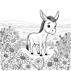 Donkey standing in a meadow with flowers coloring page