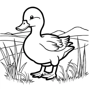 Fluffy duck with a ribbon around its neck standing in a meadow coloring page