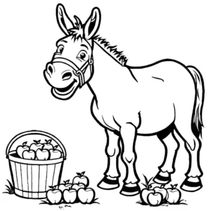 Smiling donkey standing next to a bucket of fresh apples coloring page