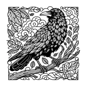 Majestic crow perched on a branch in line art illustration coloring page