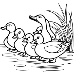Mother duck and her ducklings waddling in a line coloring page