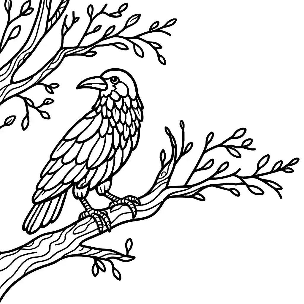Crow standing on a tree branch coloring page