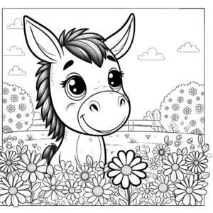 Happy donkey standing in a field of flowers, ready to be colored coloring page