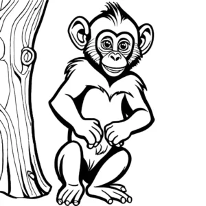 Baby mandrill holding onto tree branch with playful expression and small features coloring page