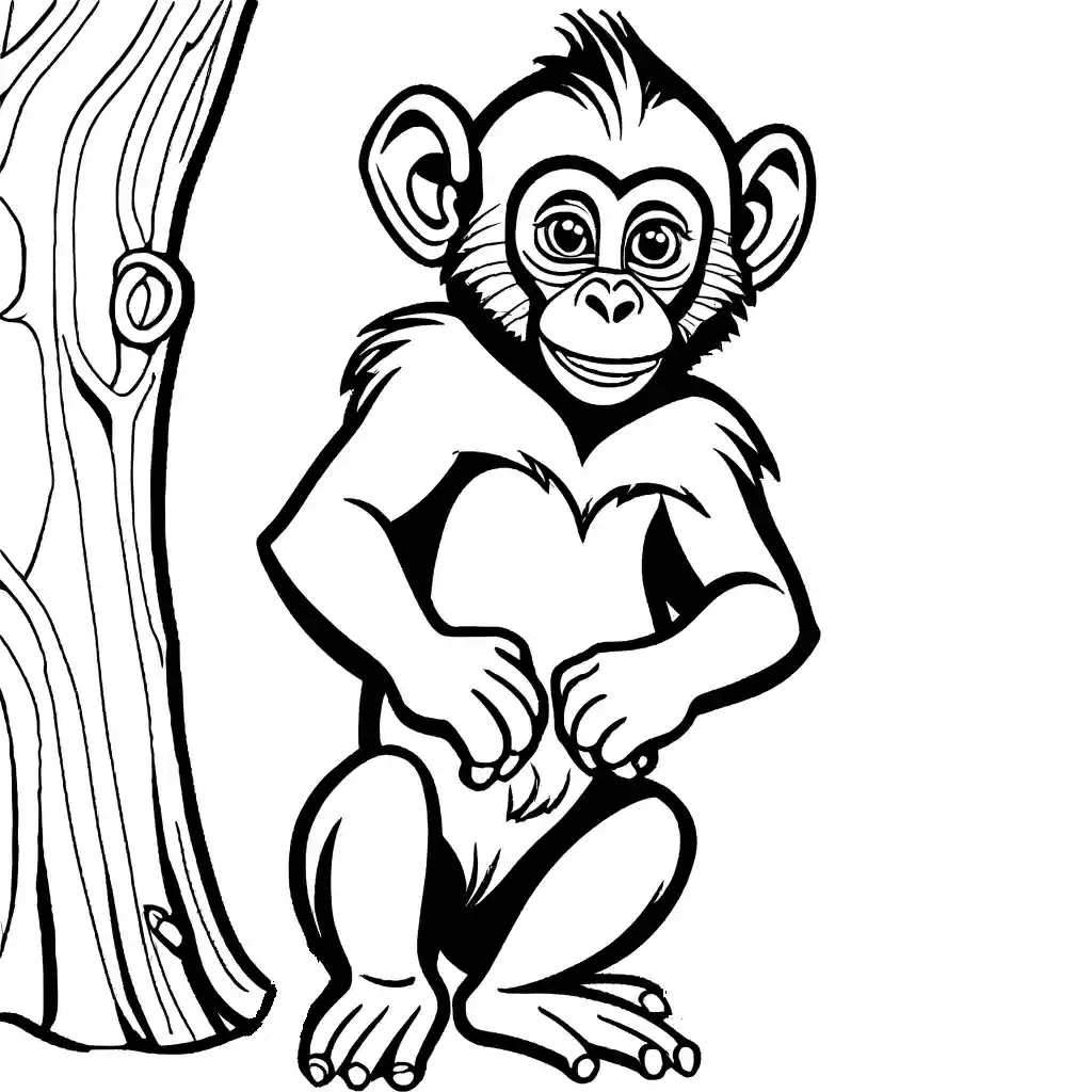 Baby mandrill holding onto tree branch with playful expression and small features coloring page