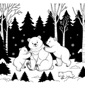 bear family playing in the snow coloring page