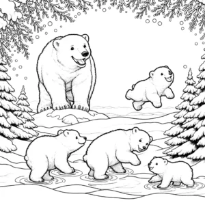 bear family having fun in the snow coloring page