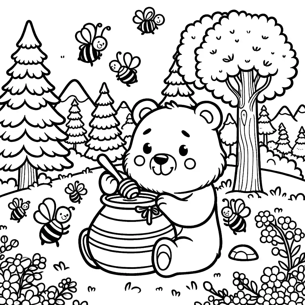 Bear with honey pot surrounded by bees in forest coloring page