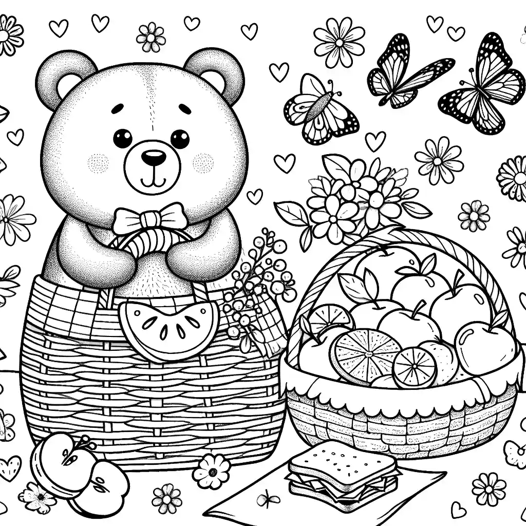Bear with picnic basket surrounded by butterflies and flowers coloring page