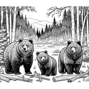 Brown bear family with cubs in forest setting coloring page