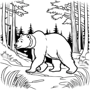Brown Bear walking in forest coloring page