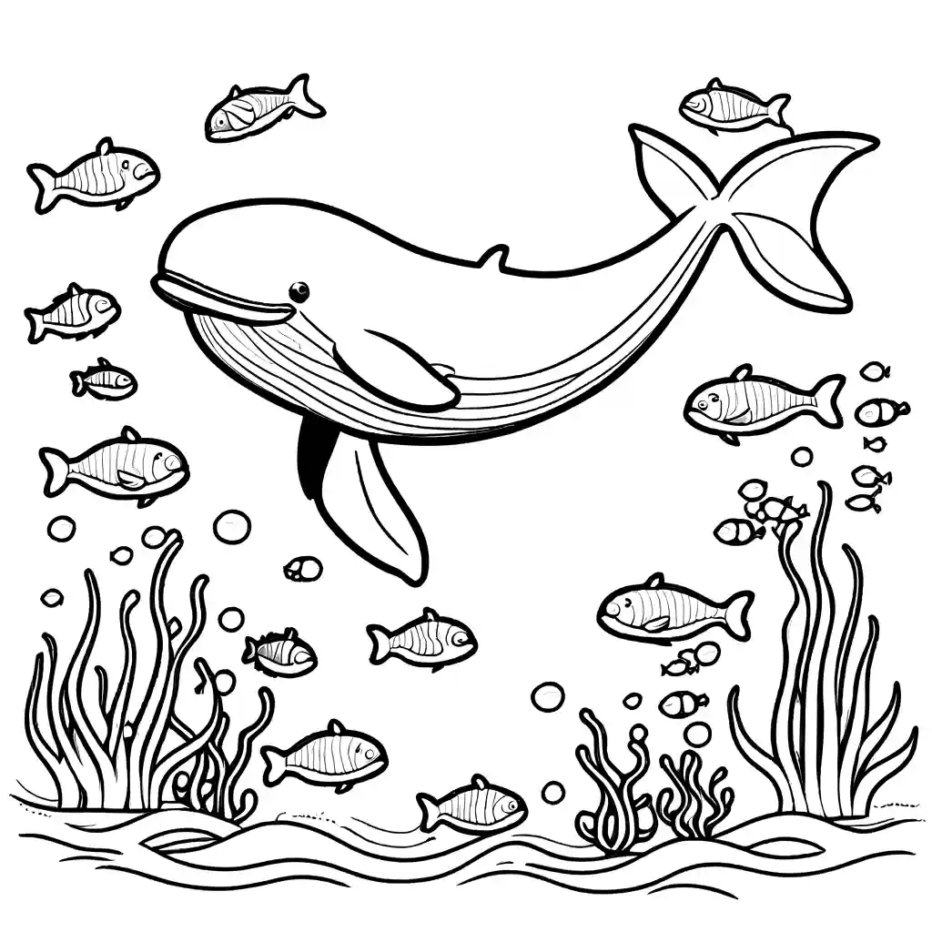 Happy cartoon whale swimming in the ocean surrounded by fish and coral reefs coloring page