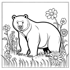 Curious white bear sniffing flower in meadow coloring page