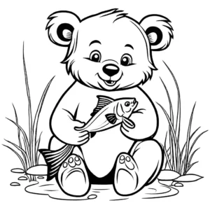 Cute bear cub coloring page holding fish coloring page