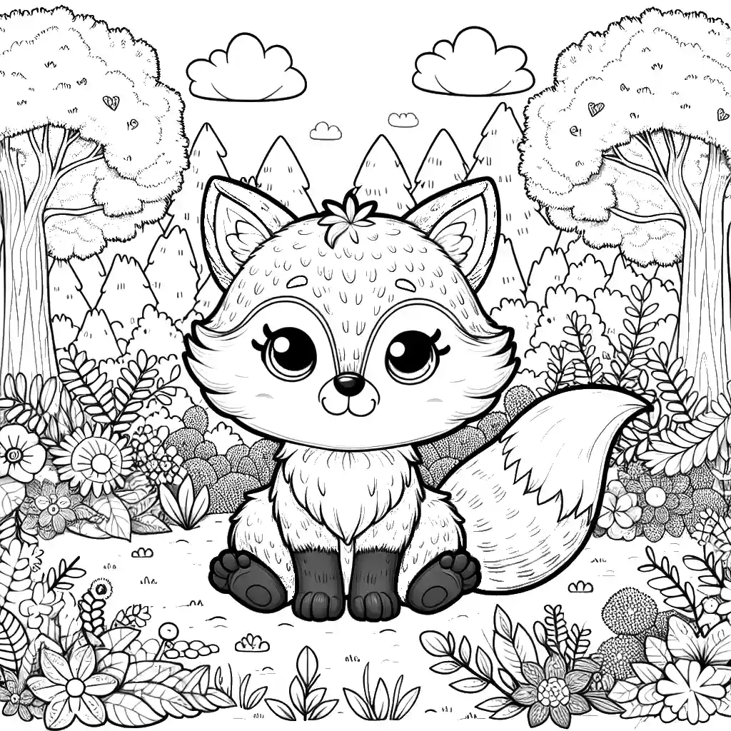 Cute fox sitting in a forest clearing surrounded by trees and flowers coloring page
