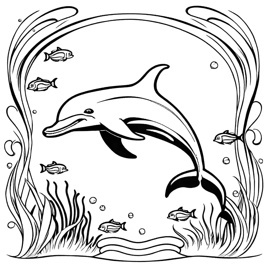 Simple drawing of an elegant dolphin gracefully swimming with other sea creatures like fish and sea turtles coloring page