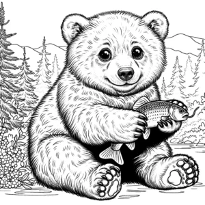 Cute bear in forest holding fish coloring page