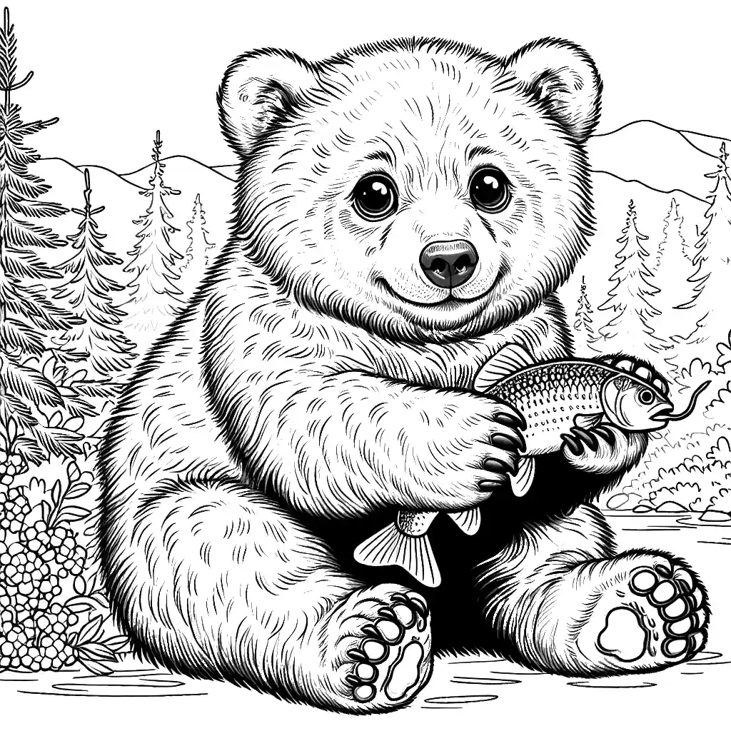 Cute bear in forest holding fish coloring page